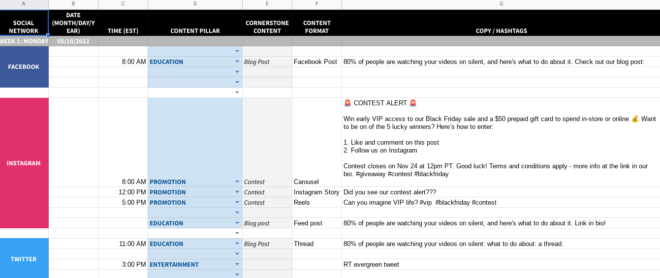 Business Instagram Content Calendar Hootsuite template example - weekly view