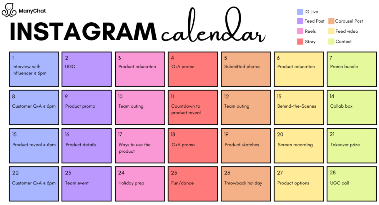 Business Instagram Content Calendar ManyChat Instagram posting template